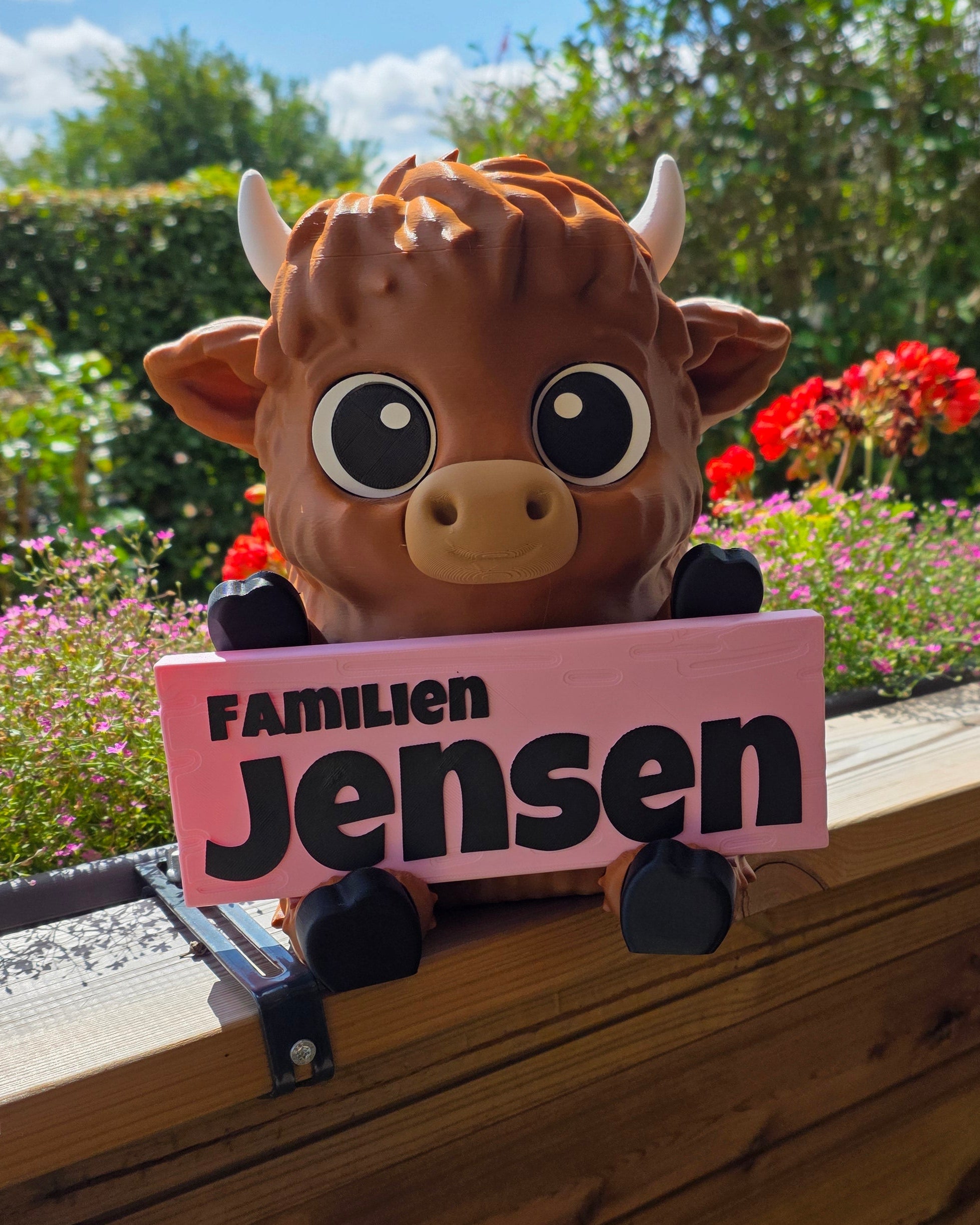 Velkommen-skilt med efternavn – highland-ko holder skilt med Familien Jensen