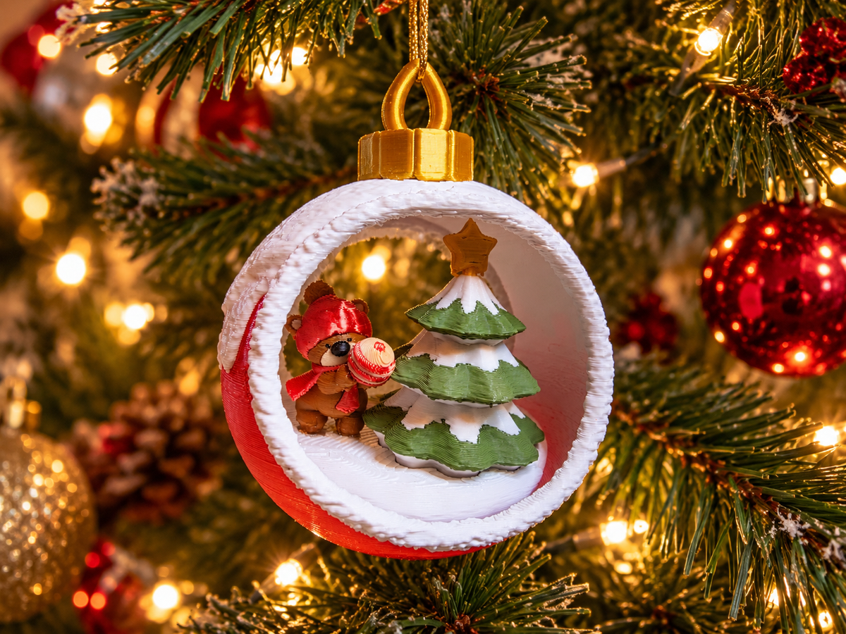 Christmas Bauble with Teddy Bear and Tree – 3D Printed Ornament
