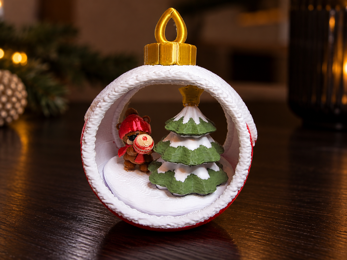 Christmas Bauble with Teddy Bear and Tree – 3D Printed Ornament