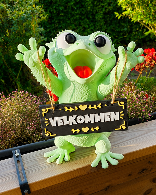 Personlig velkomst-gekko med skilt i haven
