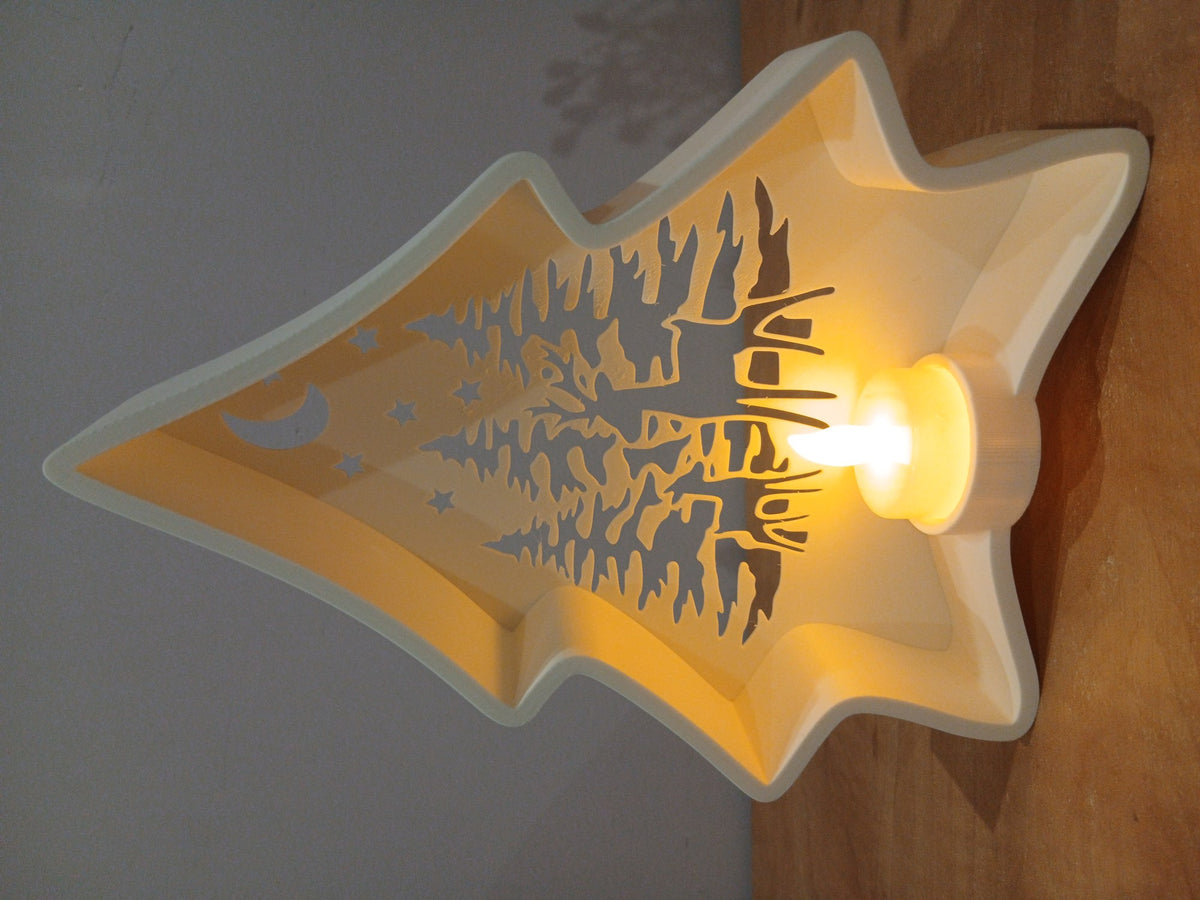 Christmas tree tealight holder with forest scene and reindeer