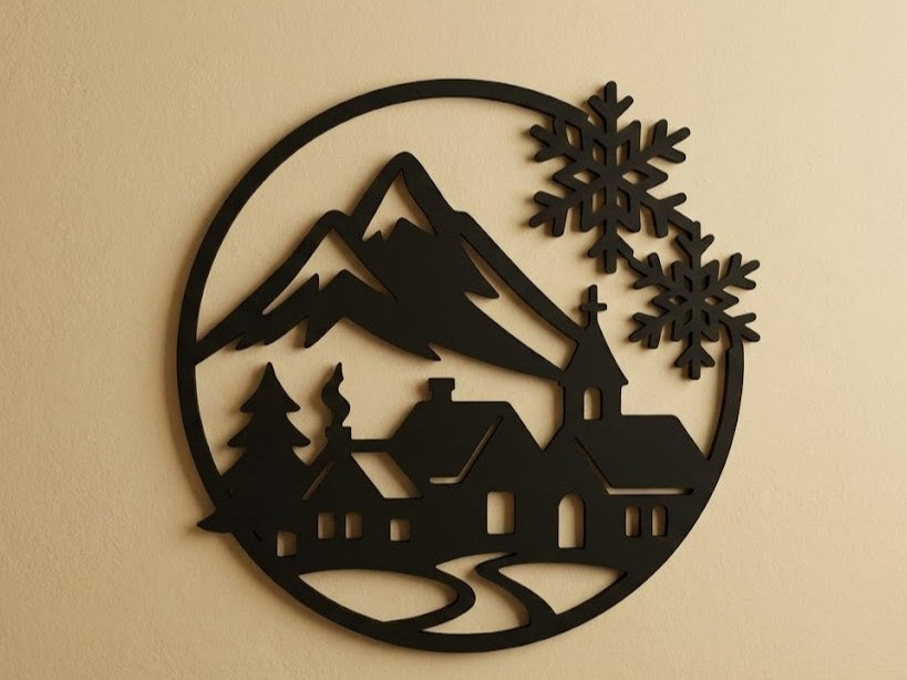 Silhouette of a winter village with a church, houses and fir trees