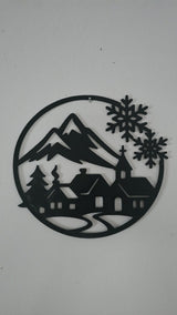 Silhouette of a winter village with a church, houses and fir trees