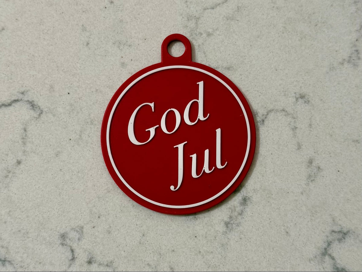 Elegant Christmas tree ornament with the text God Jul