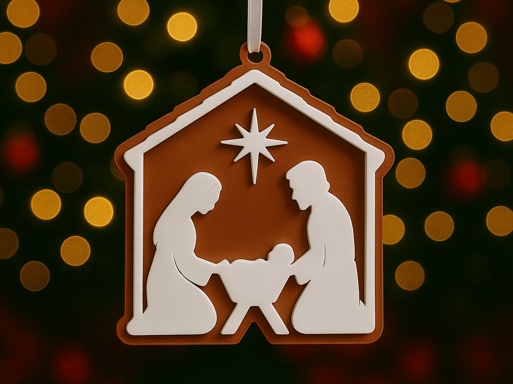 Christmas tree ornament with nativity: Mary, Joseph and baby Jesus