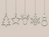 Set of 5 flat Christmas ornaments: tree, star, reindeer, snowflake and snowman