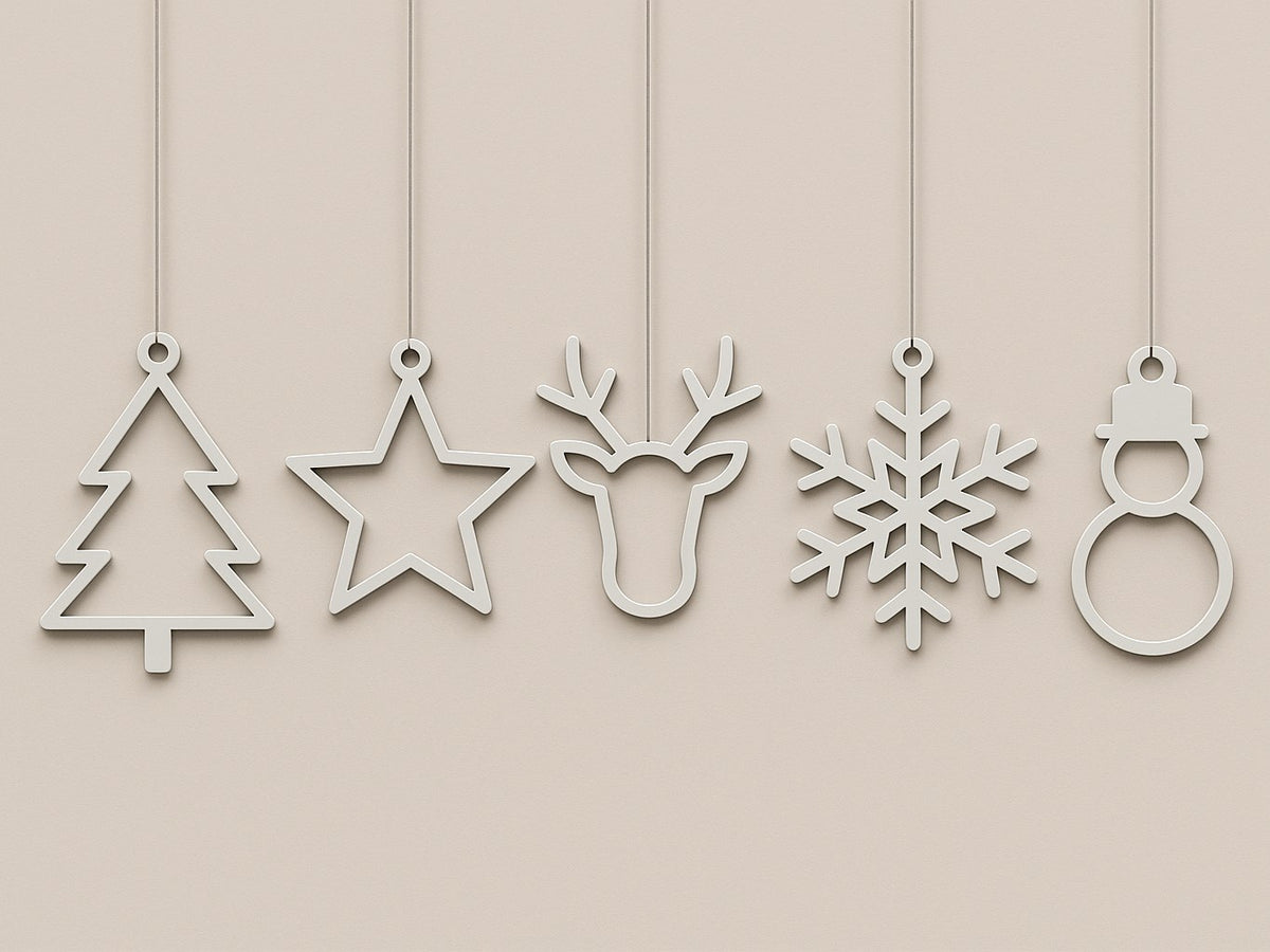 Set of 5 flat Christmas ornaments: tree, star, reindeer, snowflake and snowman