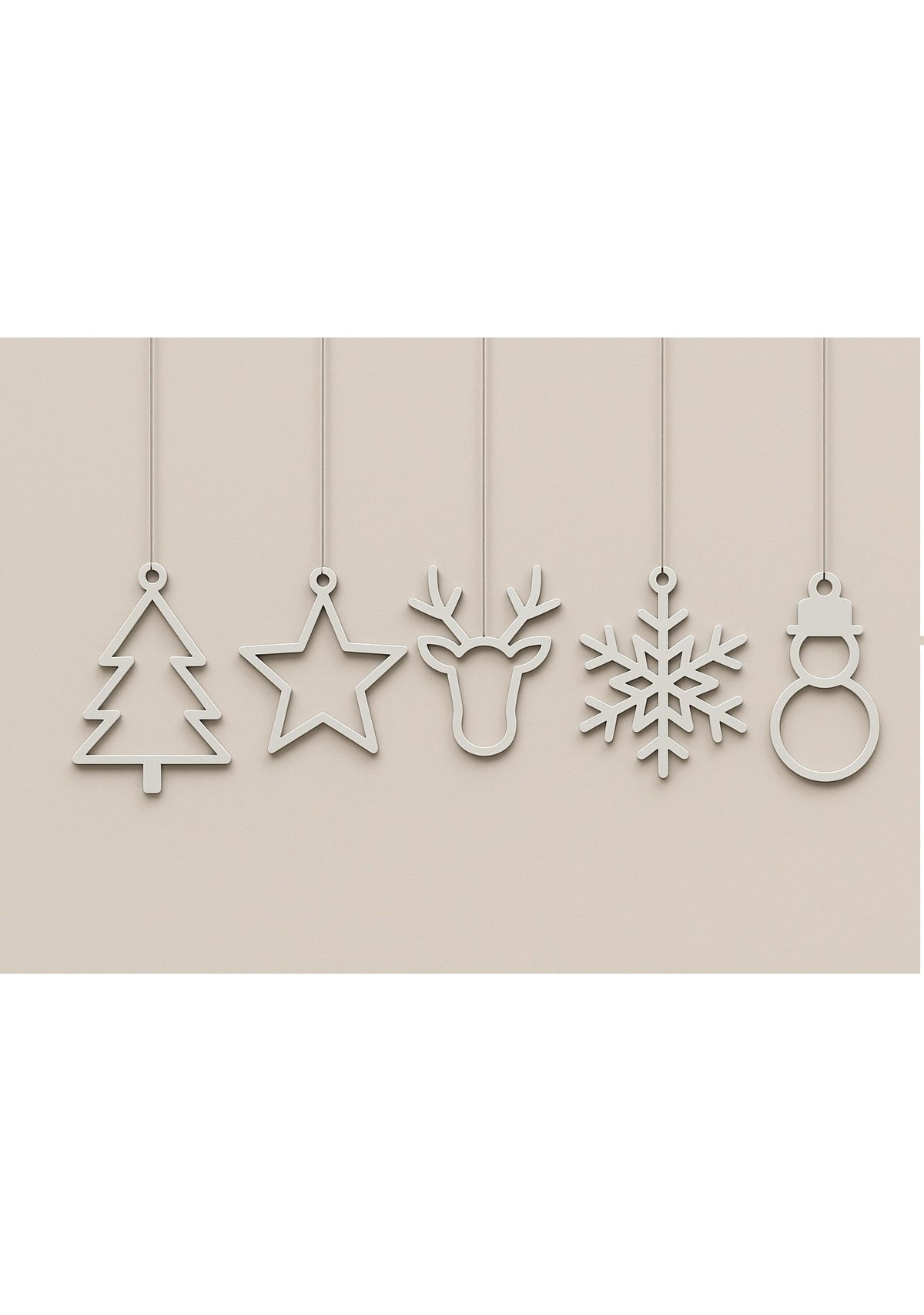 Set of 5 flat Christmas ornaments: tree, star, reindeer, snowflake and snowman