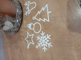 Set of 5 flat Christmas ornaments: tree, star, reindeer, snowflake and snowman