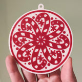 Round Christmas tree ornament with candy canes forming a snowflake