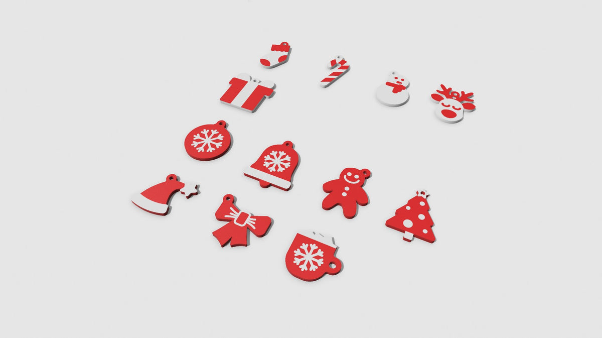 Twelve keyrings with Christmas motifs