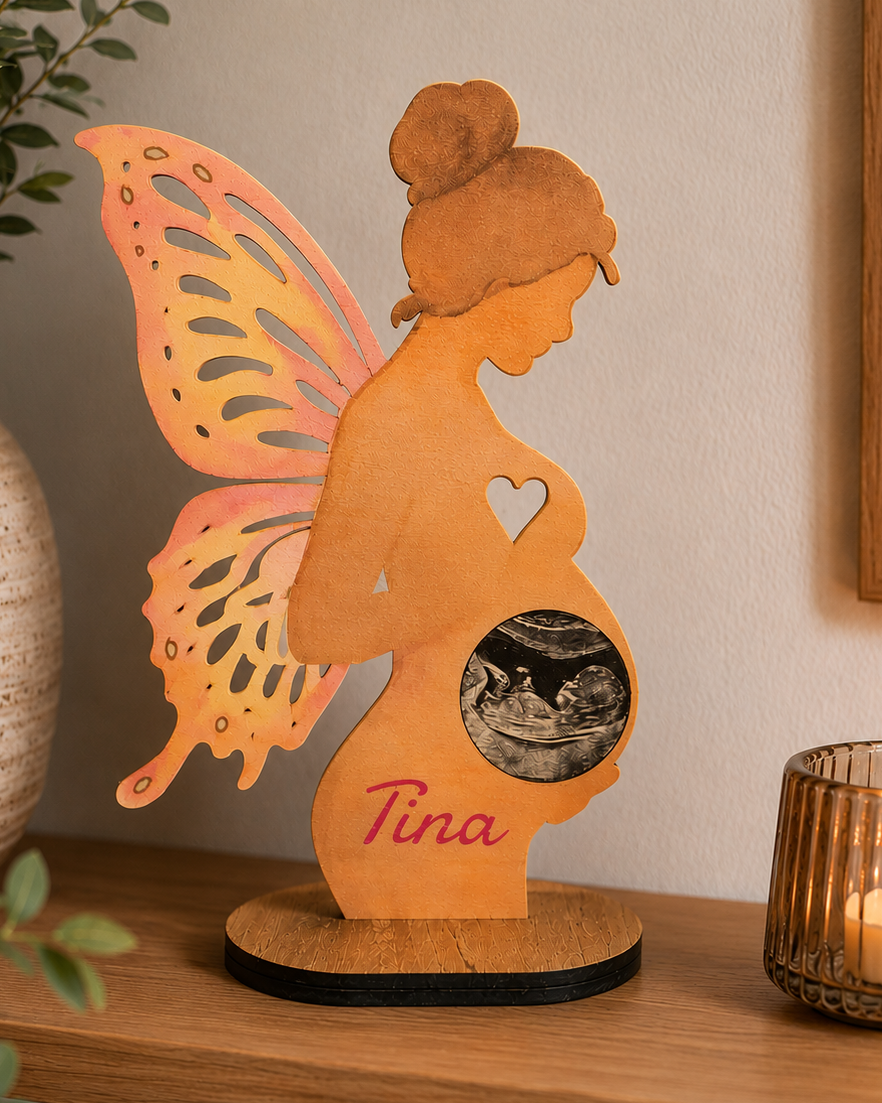 Personalised Pregnancy Fairy with Your Ultrasound Photo – Wooden Keepsake with Stand