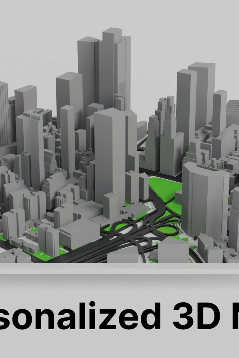 Close-up of a personalized 3D map showing raised topographic contours of a city centre in warm grey